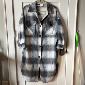 Women’s Blue and White Long, Plaid Button Down Trench Coat